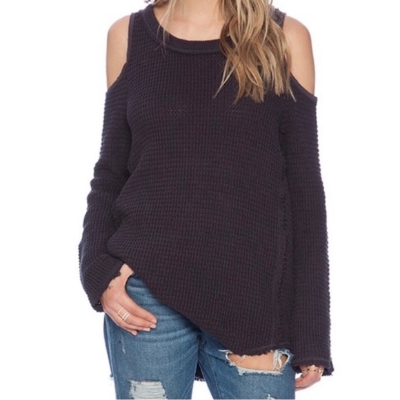 Free People Sunrise Pullover Sweater Womens XS Black Waffle Knit Frayed LS Shirt - Picture 1 of 8